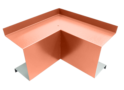 A premium quality, copper-colored metal corner piece with a right-angle bend, designed to fit and protect two adjoining edges. Ideal for roofing or edge protection in construction, this Perma Cover Commercial Series - 24 Gauge Line Set Cover Inside Corner Elbows - Premium Quality rests elegantly on a white background.