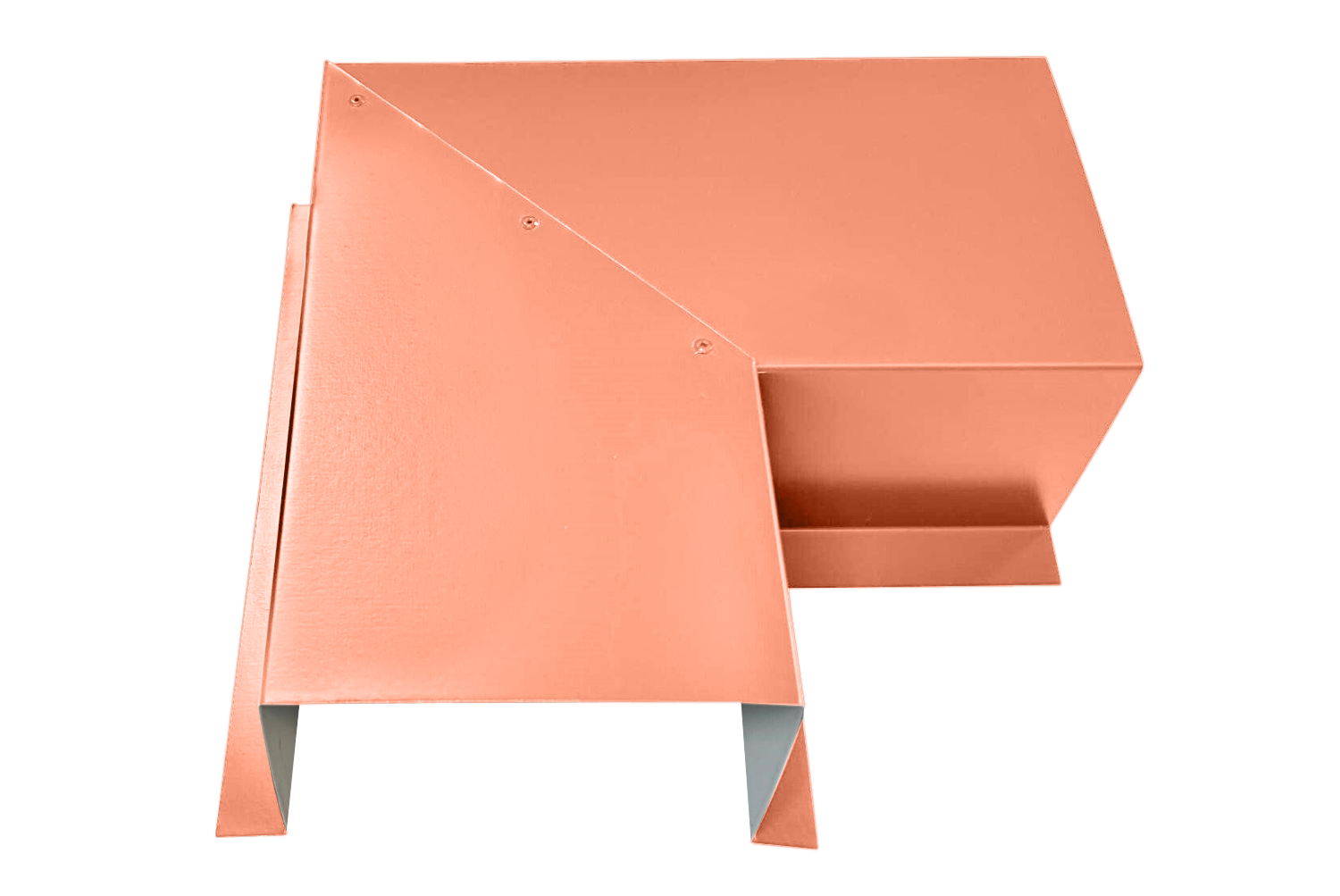 A geometric, orange-colored metal sculpture with sharp angles and folded edges, resembling an abstract structure made from premium quality 24 gauge steel. The metal surface appears smooth and reflective. The Perma Cover Commercial Series - 24 Gauge Line Set Cover Side Turning Elbows - Premium Quality is viewed from an overhead perspective against a white background.