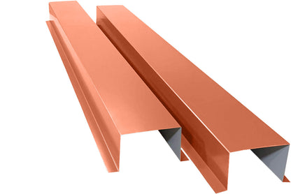 Image of two copper-colored, Commercial Series - 24 Gauge Painted Metal HVAC Line Set Covers - Heavy Duty, Multiple Sizes & Colors from Perma Cover. The covers are placed side by side, showcasing their folded, angular design. They are designed to fit over the edges of roofs to help prevent water infiltration and provide durable protection.