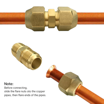 HVAC Flare Coupler Connectors for Traditional Refrigerant Line Sets | 1/4 x 3/8, 1/4 x 1/2, 1/4 x 5/8, 3/4 x 3/8 Brass Line Set Unions for Mini Split & Residential HVAC Systems