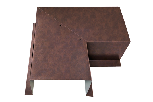 A modern, brown, L-shaped desk made of premium quality 24 gauge steel and material resembling wood or veneer. It has a sleek and angular design with a raised platform on one side and a cutout section on the other, providing a contemporary and minimalist look with easy installation.

Product Name: Commercial Series - 24 Gauge Line Set Cover Side Turning Elbows - Premium Quality
Brand Name: Perma Cover