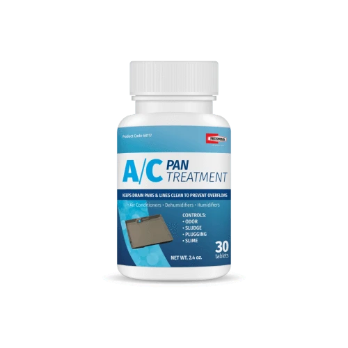 A/C pan treatment tabs for HVAC condensate drain pans to help prevent clogs sludge odors and overflow