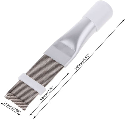 Technician using air conditioner fin comb cleaning rake on HVAC condenser coils — restores bent fins, boosts cooling efficiency, and reduces energy usage.
