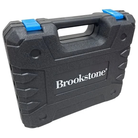 Brookstone 21V 30-piece cordless power drill set organized inside heavy-duty carrying case