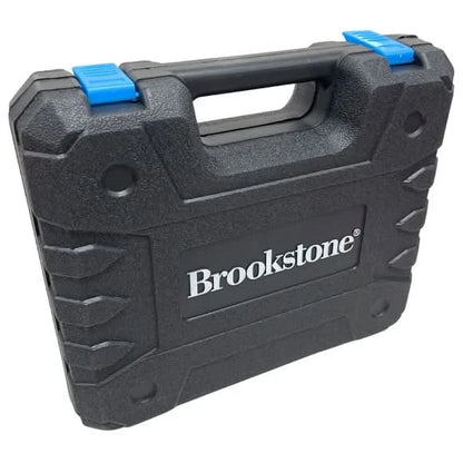 Brookstone 21V 30-piece cordless power drill set organized inside heavy-duty carrying case