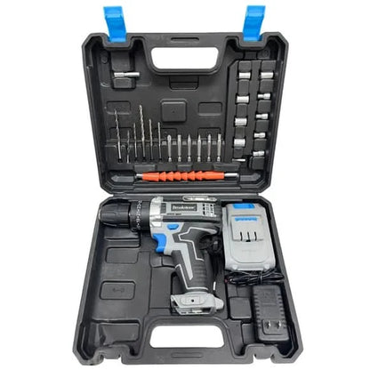 Brookstone 21V cordless power drill set retail packaging showing drill in use and included accessories