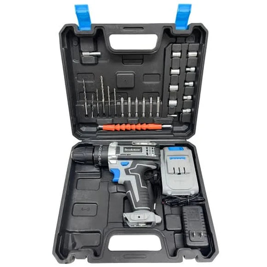 Brookstone 21V cordless power drill set retail packaging showing drill in use and included accessories