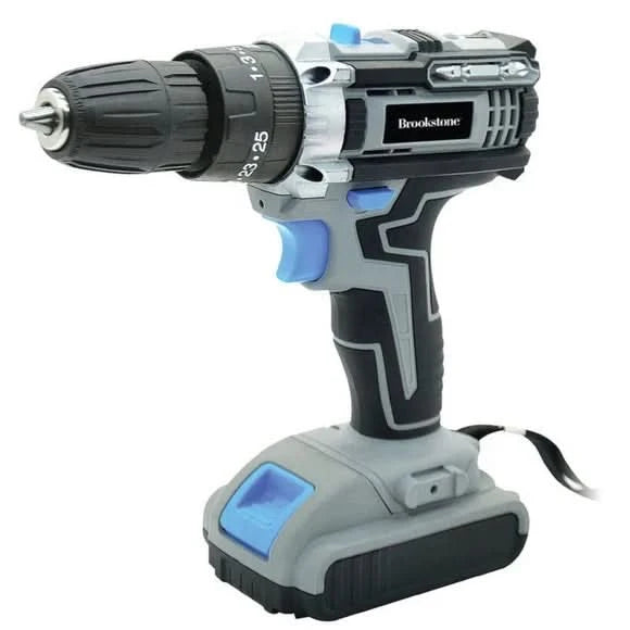 Brookstone 21V cordless power drill with ergonomic grip and LED work light for home DIY projects