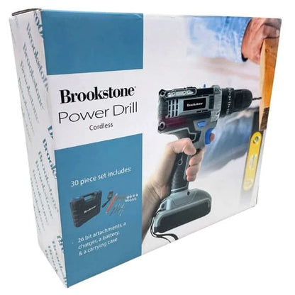 Brookstone cordless drill accessories including drill bits, sockets, flexible extension, charger, and battery