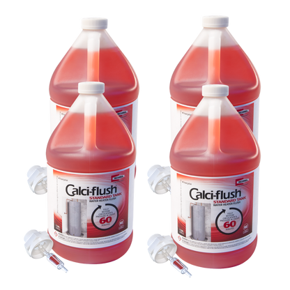 Calci-Flush water heater descaling solution with hose adapter for fast tanked water heater maintenance and flushing