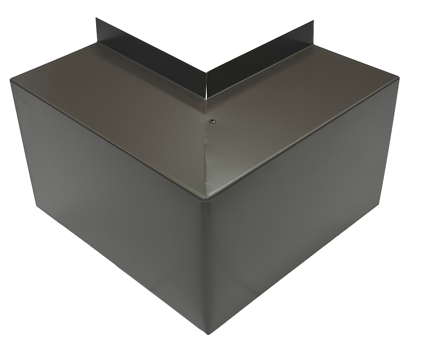 A sleek, metallic, L-shaped object with smooth surfaces and sharp edges. It appears to be a Perma Cover Residential Series - Line Set Cover Outside Corner Elbows - Premium Quality, possibly used in construction or assembly for providing support and alignment. Simple and easy installation ensures efficiency. The background is black, highlighting its reflective surface.