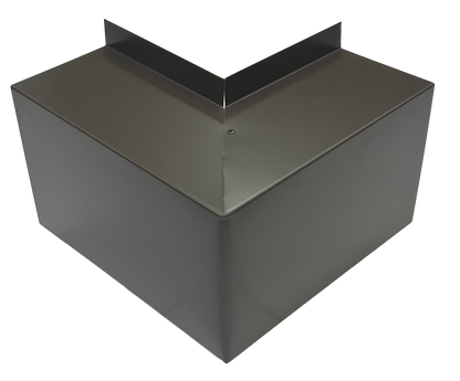 A sleek, metallic, L-shaped object with smooth surfaces and sharp edges. It appears to be a Perma Cover Residential Series - Line Set Cover Outside Corner Elbows - Premium Quality, possibly used in construction or assembly for providing support and alignment. Simple and easy installation ensures efficiency. The background is black, highlighting its reflective surface.
