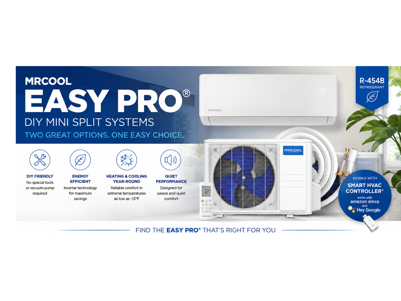 Comparison of DIY mini split heat pump systems with Quick Connect line sets, inverter technology, smart controls, and R-454B refrigerant