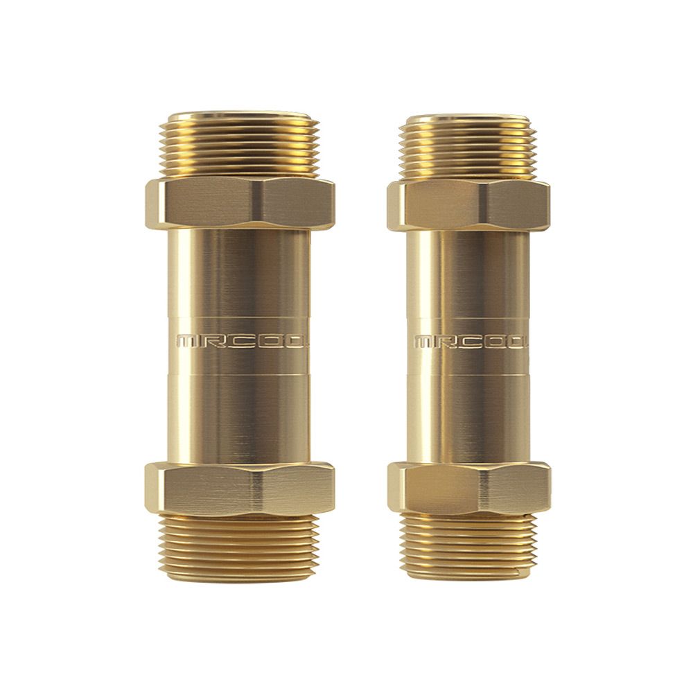 Two brass fittings with threads on both ends. Each has a central section with the brand name "MRCOOL DIY Direct" etched into the metal. Both fittings' ends have hexagonal nuts positioned near the threads, designed for connecting pipes in an HVAC system, such as those found in a 1/2" x 1/4" MrCool DIY Coupler Kit - No Communication Wire for 9K - 12K & 18k Line Set Size. The fittings are identical.