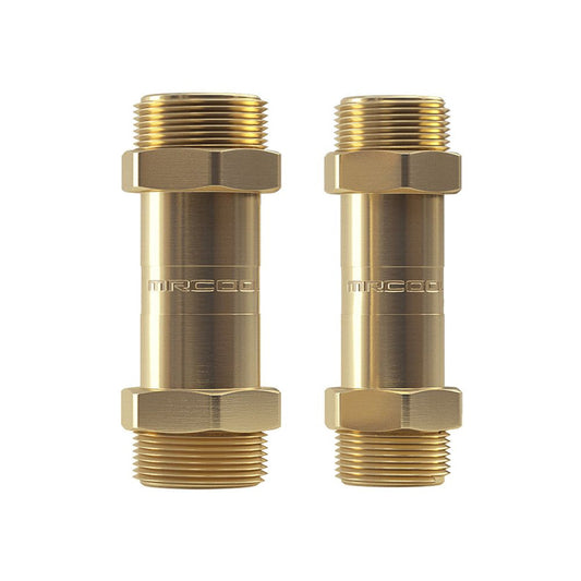 Two brass pipe fittings with hexagonal nuts, labeled "MIRCCO," are displayed against a white background. Each fitting has male threaded ends and a central section with flat spots for a wrench. The fittings appear to be part of the 24k - 36k 3/8" & 5/8" MrCool DIY Coupler Kit - No Communication Wire for 24k & 36k Air Handlers, perfect for connecting plumbing or industrial pipes.