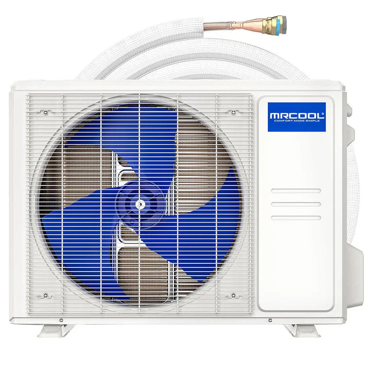 A white air conditioning unit with a prominent blue fan is displayed. This MRCOOL 1.5 Ton VersaPro Central Ducted Condenser (MVP-18-HP-C-230-25) features a protective grille and control panel on the right side. A coiled hose is attached to the top, and the brand name "Mr Cool" is visible on the front, promising high efficiency in cooling.