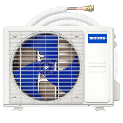 An outdoor air conditioning unit by Mr Cool, the MRCOOL 2 Ton VersaPro Central Ducted Condenser (MVP-24-HP-C-230-25), features a large blue fan inside a white metal casing. A white protective grille covers the fan. Attached to the top of this high-efficiency 2-ton heat pump is a coiled hose with a brass fitting at the end.