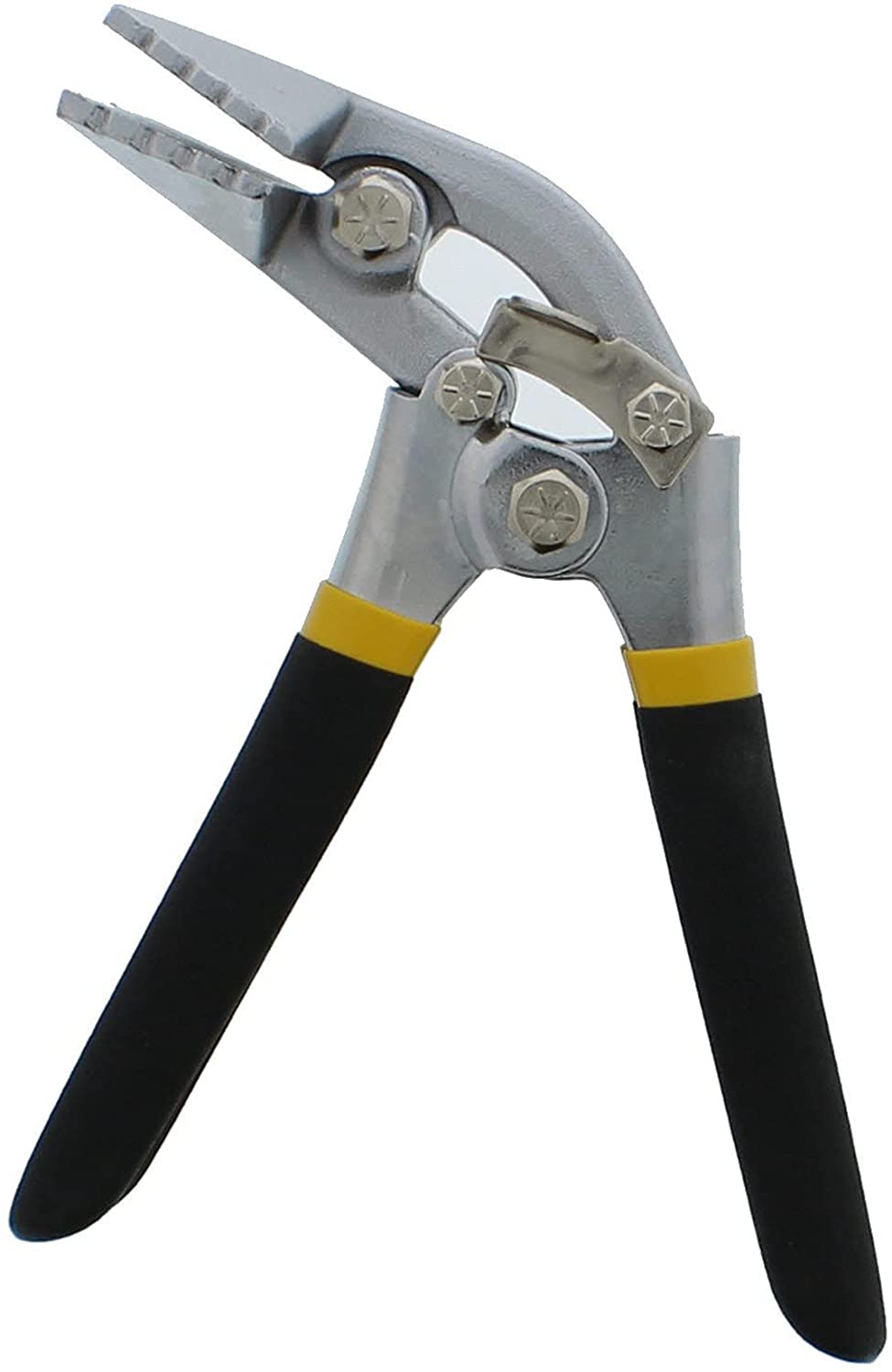 The heavy-duty all-steel tool is the Perma Cover High Quality Sheet Metal Hand Seamers - Multiple Sizes Available with a silver appearance, black handles, and yellow accents near the grip. It features an angled jaw with three teeth-like protrusions on one side and a solid jaw on the other, ideal for gripping, bending, seaming, or flattening tasks.