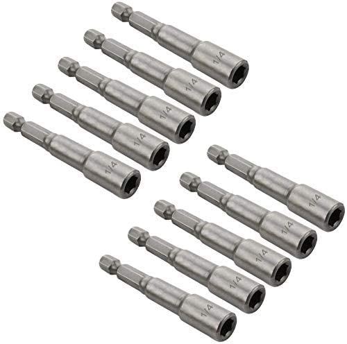 A set of ten Perma Cover High Quality Hex Bit Drivers - Multiple Sizes & Quantities laid out in two rows. Crafted from durable chrome vanadium steel, each adapter features a hexagonal end and a cylindrical extension. They are designed for connecting tools, with "1/4" marked on each adapter, indicating the size. These Hex Bit Drivers offer versatile utility and are uniform in shape and color.