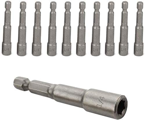 A set of ten Perma Cover High Quality Hex Bit Drivers - Multiple Sizes & Quantities lined up in a row. Each bit has a hexagonal shank and a hex head with "1/4" engraved on it. One drill bit is placed horizontally in front of the others, showcasing the side and head view, ideal for versatile utility.