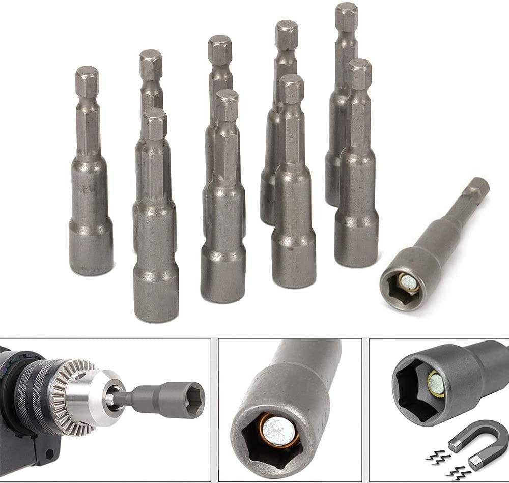 A set of eight High Quality Hex Bit Drivers - Multiple Sizes & Quantities by Perma Cover, crafted from durable chrome vanadium steel, is displayed. Below the set, three smaller images showcase the versatile utility of the hex bit drivers' magnetic tips and one in use with a power drill.