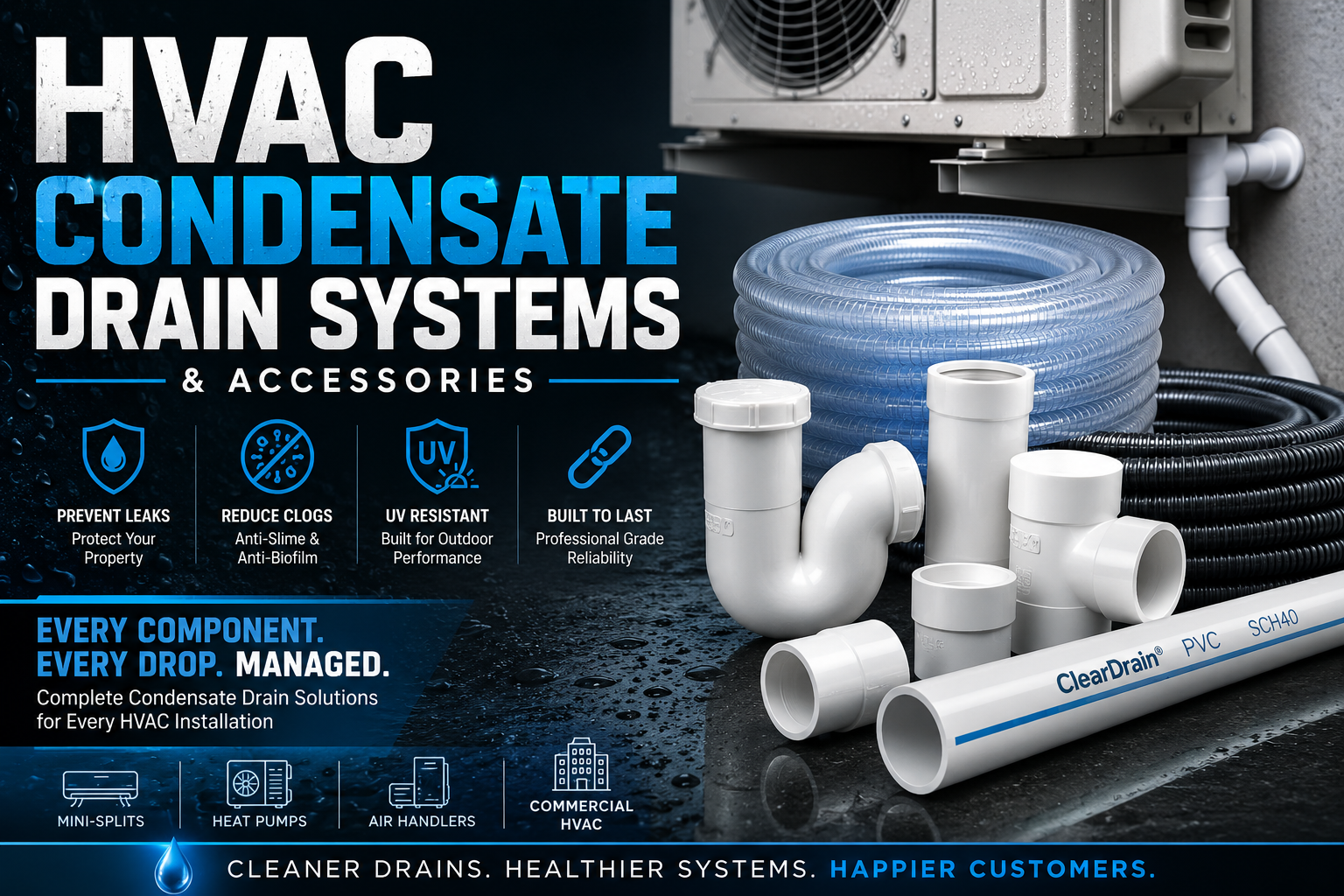 HVAC condensate drain systems and accessories including UV-resistant drain hose, ClearDrain PVC pipe, traps, fittings, and mini-split drainage components