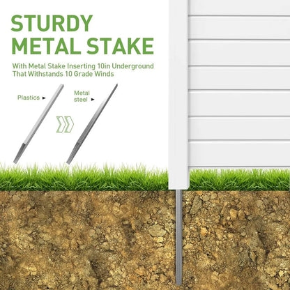 A graphic illustrating the strength of a weather-resistant metal stake for Condenser Fence's Privacy Shield Fence Panels - Hide Unsightly Outdoor Equipment with Ease. The image shows a metal stake inserted 10 inches underground, with labels comparing plastic and metal stakes. The ground is cross-sectioned to display the depth of this durable outdoor equipment.