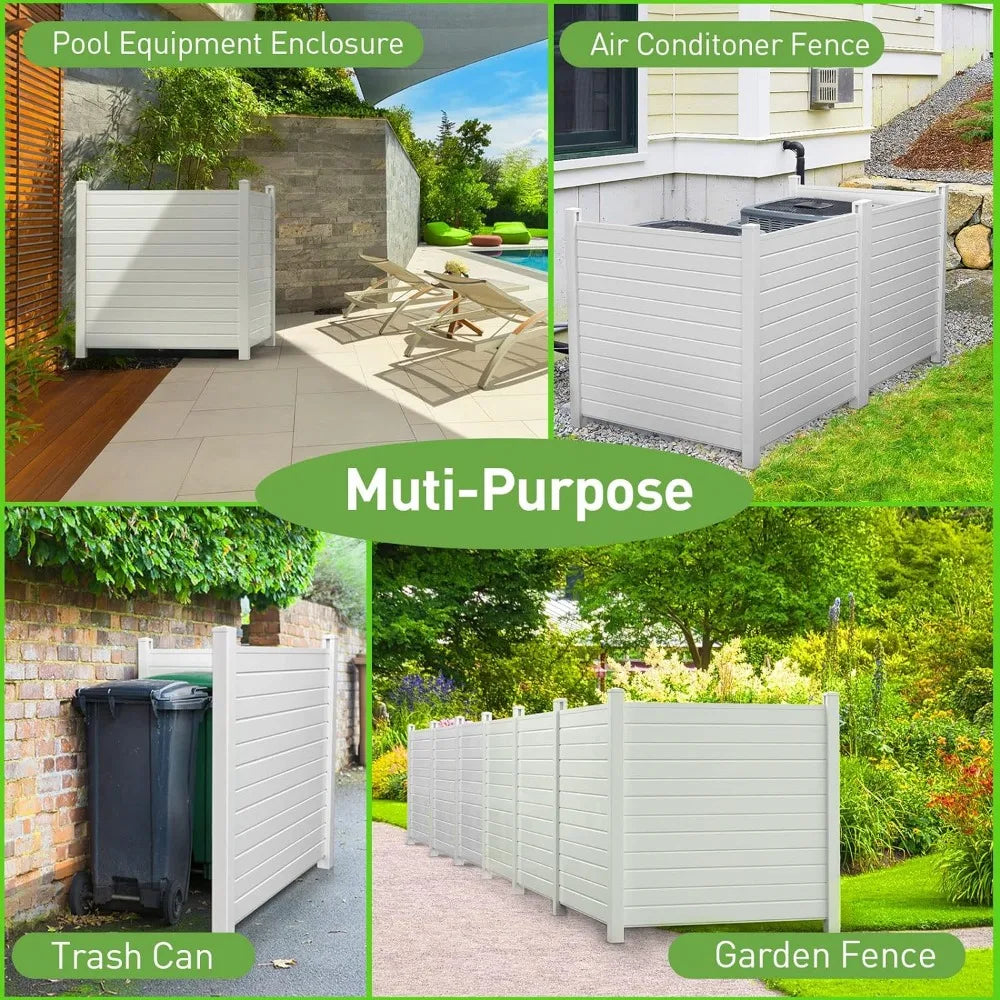 A promotional image displaying various uses of white, weather-resistant lattice-style fencing panels. The image shows the panels used as a pool equipment enclosure, air conditioner fence, trash can enclosure, and garden fence. The text "Privacy Shield Fence Panels - Hide Unsightly Outdoor Equipment with Ease" is highlighted in green.