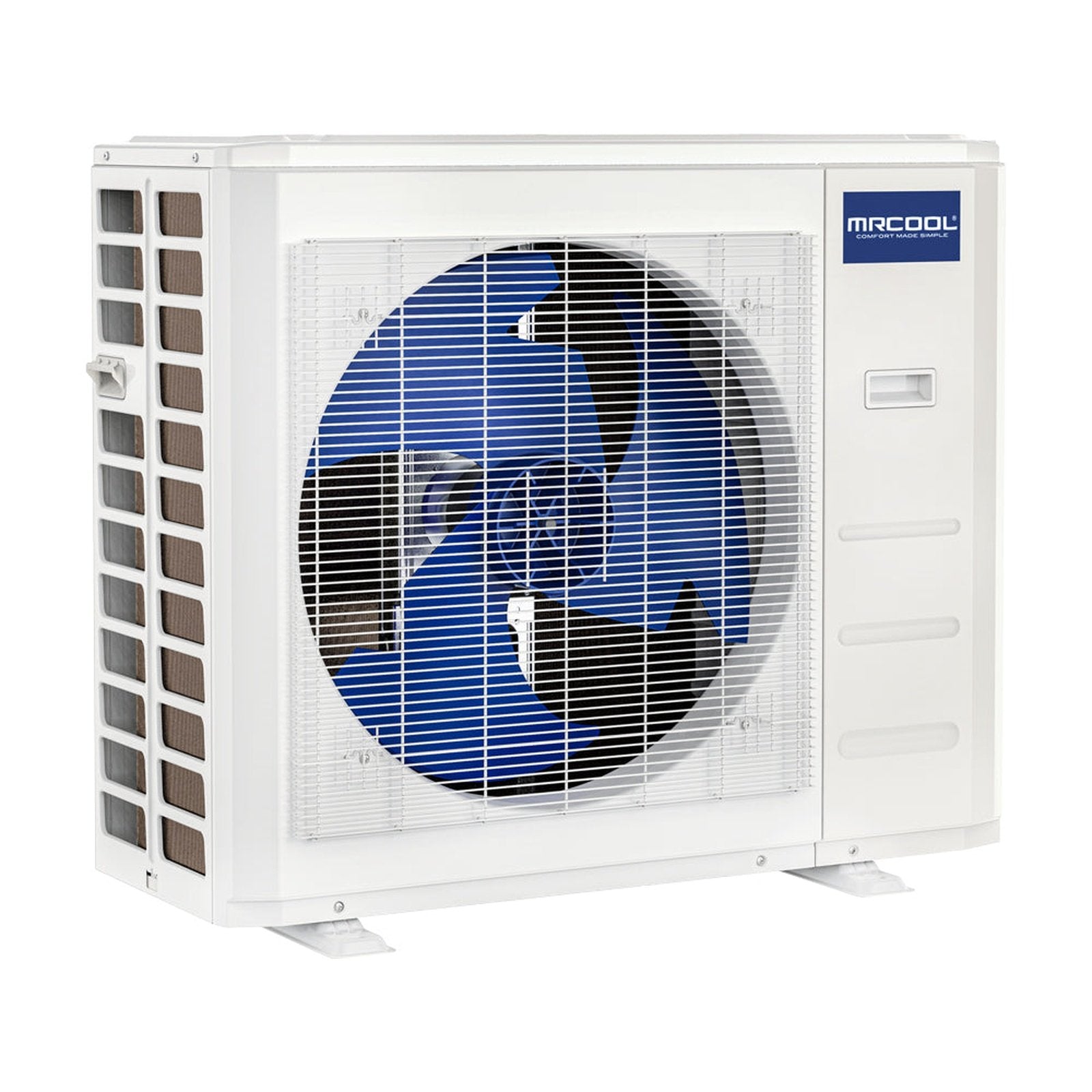 Image of a high-efficiency MRCOOL 1.5 Ton VersaPro Central Ducted Condenser (model MVP-18-HP-C-230-25) featuring a large circular fan mounted within a protective grille. The unit has ventilation panels on the sides and the MRCOOL logo displayed near the top right corner, showcasing its sleek design and advanced technology for outdoor air conditioning.