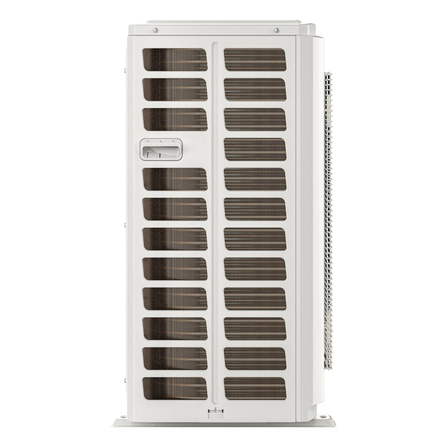 The Mr Cool 2 Ton VersaPro Central Ducted Condenser, model MVP-24-HP-C-230-25, is a white, upright air conditioning unit with a rectangular shape. The front panel features a grid-patterned vent and an access panel in the center. Designed for high efficiency, its sides showcase visible metal coils and fins, making it ideal for outdoor installation.