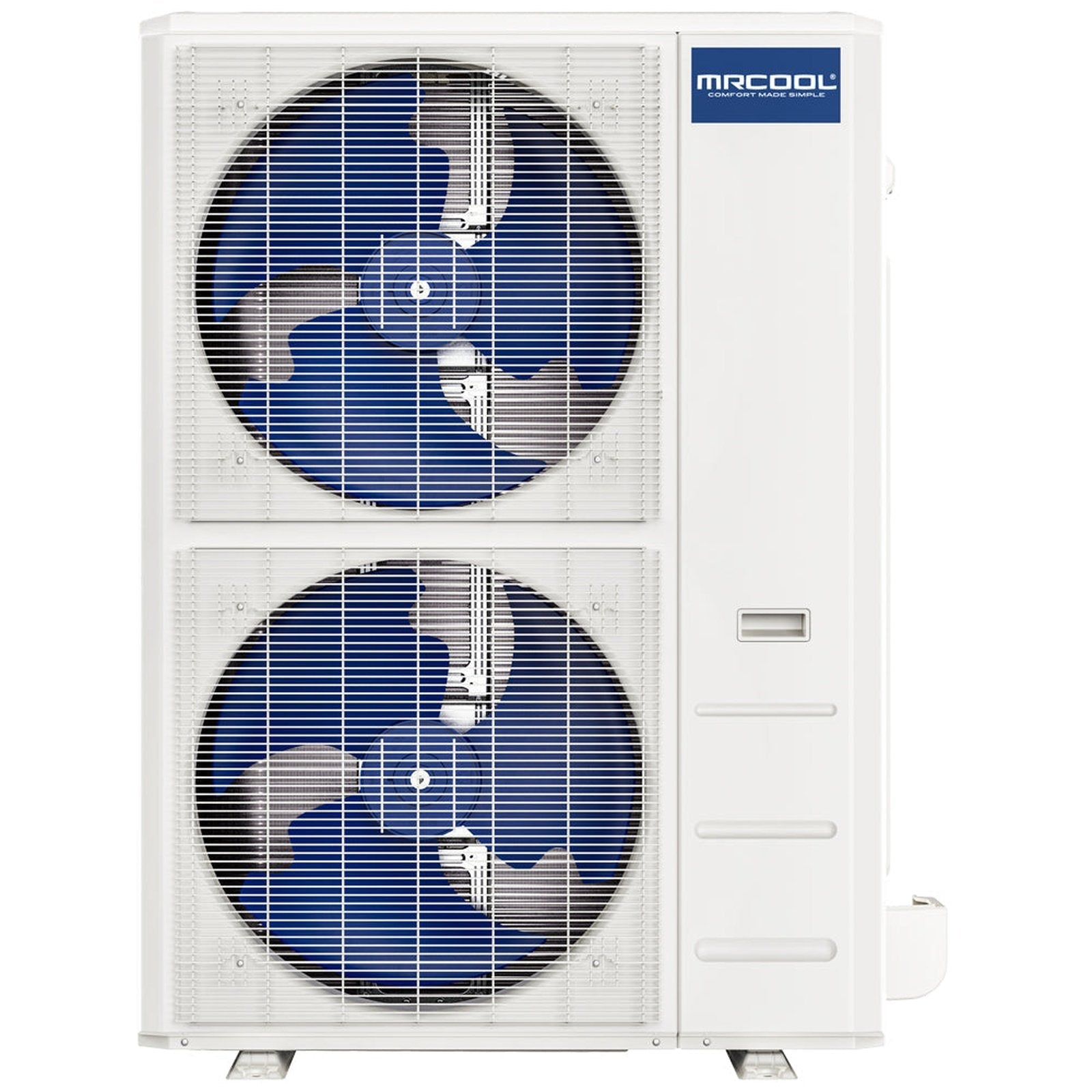 The MRCOOL 4 Ton VersaPro Central Ducted Condenser (MVP-48-HP-C-230-00) is a large, white air conditioning unit featuring two visible circular fans, one positioned above the other. These fans are encased behind a protective grill. This heat pump sports a blue Mr Cool logo on the top-right corner and has ventilation slits along the right side, ensuring easy installation and high-efficiency HVAC performance.