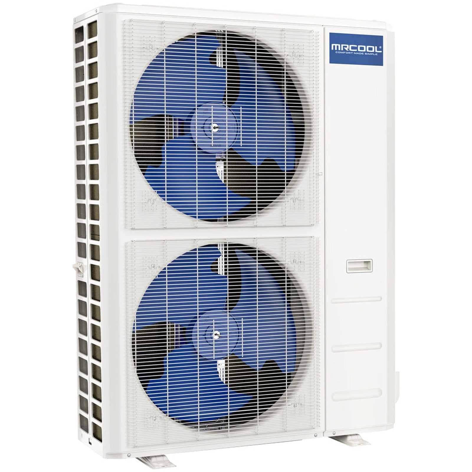 The MRCOOL 4 Ton VersaPro Central Ducted Condenser, MVP-48-HP-C-230-00, from Mr Cool features a white exterior and two large blue and black fan blades housed behind protective grilles. The rectangular outdoor unit, designed for easy installation, proudly displays the brand name at the top right corner.