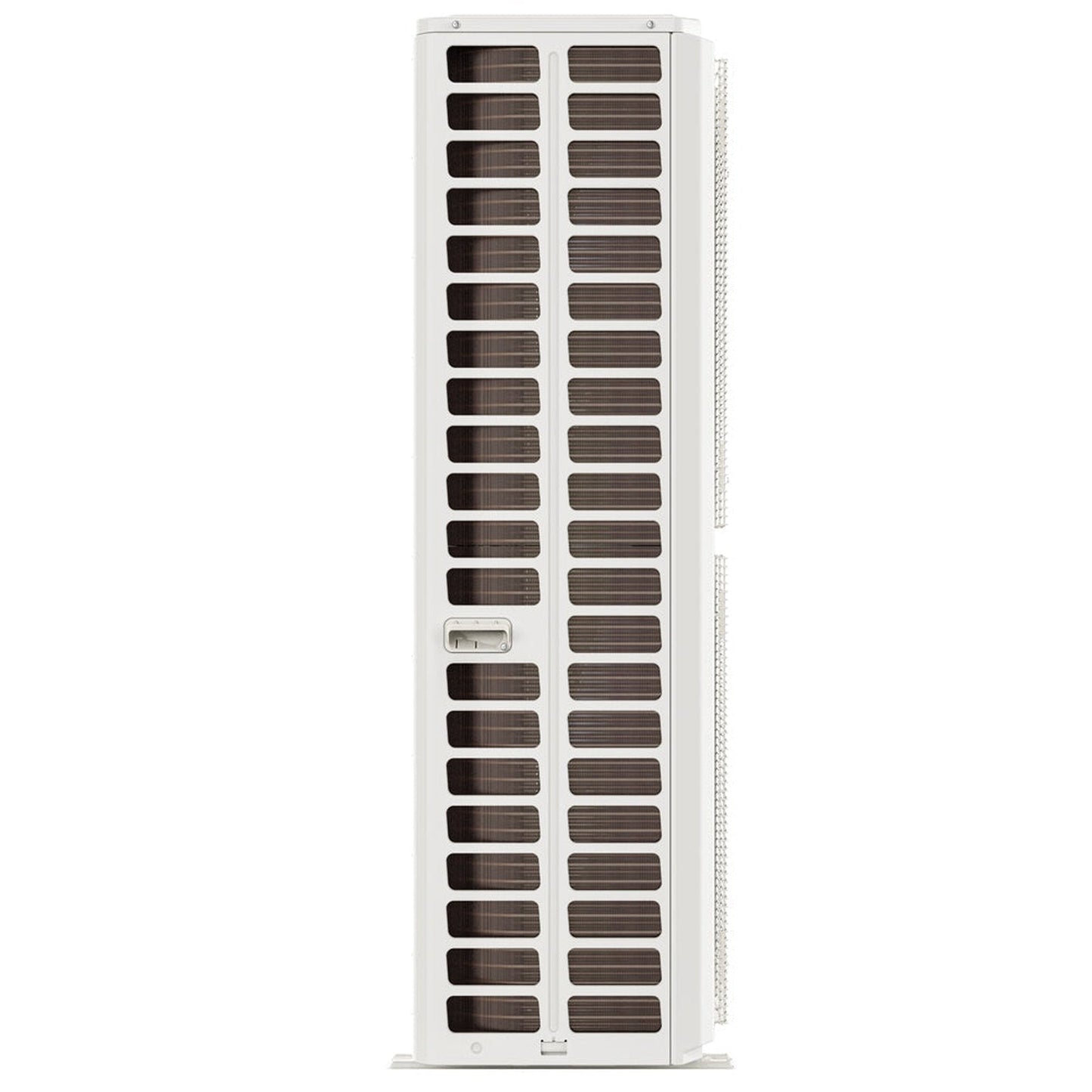 The MRCOOL 4 Ton VersaPro Central Ducted Condenser, MVP-48-HP-C-230-00 by Mr Cool features a sleek design with an elongated, rectangular white tower structure adorned with numerous horizontal vents. This minimalist unit includes a small control panel centrally located toward the front. Engineered for vertical placement on its flat base, this condenser offers easy installation for users seeking high-efficiency HVAC solutions.