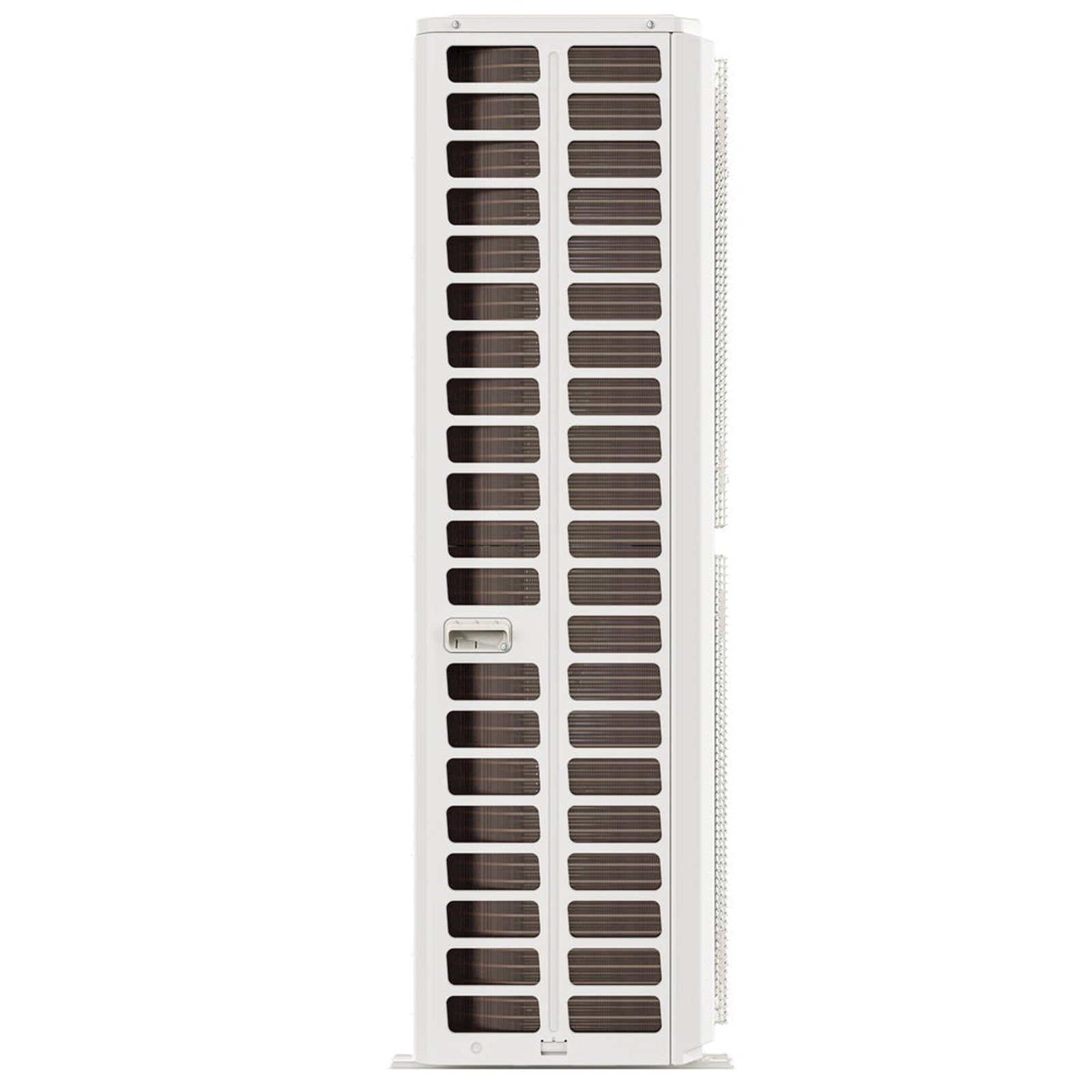 The MRCOOL 4 Ton VersaPro Central Ducted Condenser, MVP-48-HP-C-230-00 by Mr Cool features a sleek design with an elongated, rectangular white tower structure adorned with numerous horizontal vents. This minimalist unit includes a small control panel centrally located toward the front. Engineered for vertical placement on its flat base, this condenser offers easy installation for users seeking high-efficiency HVAC solutions.