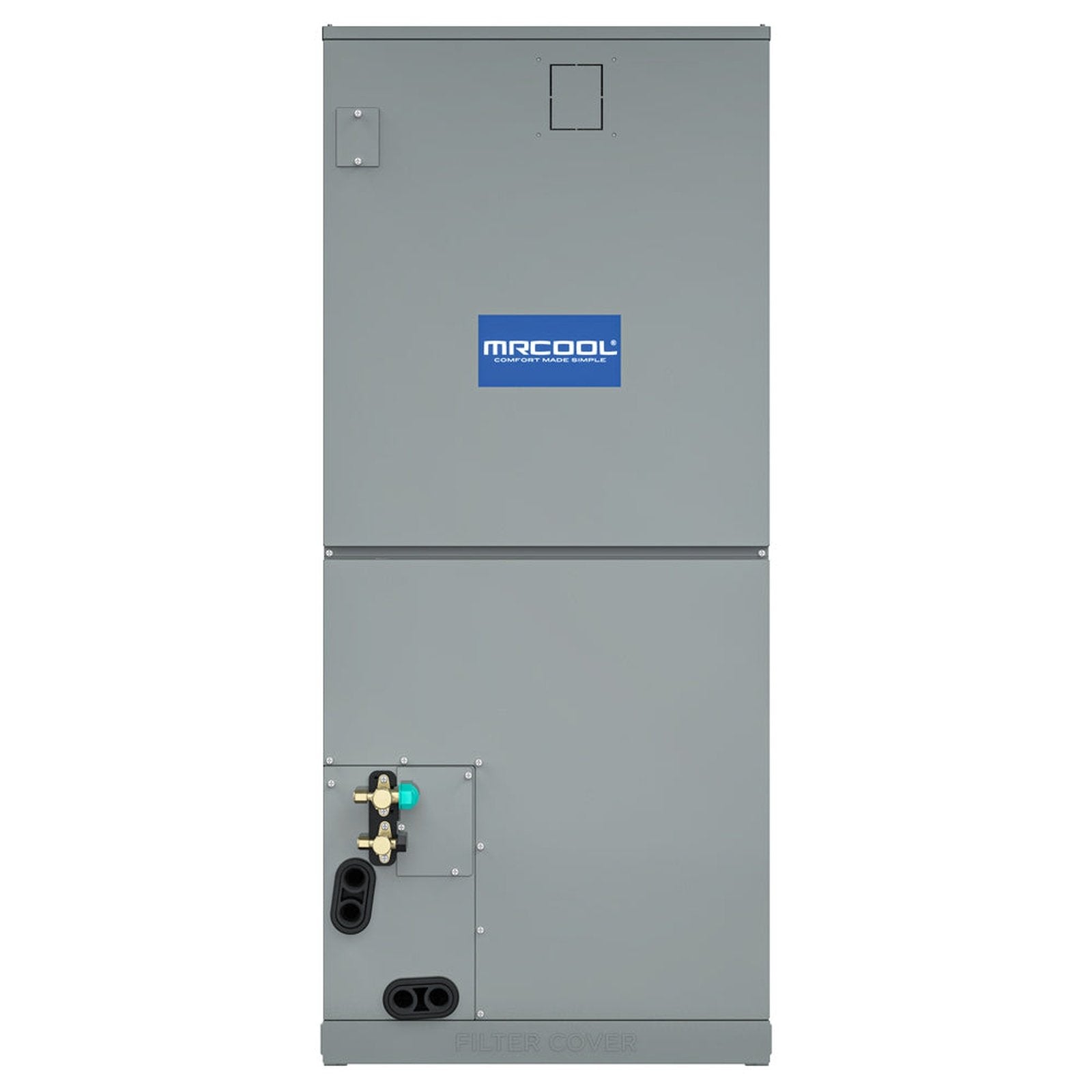 A large, rectangular, gray HVAC unit labeled "Mr Cool" in the center. Crafted with durable construction, the MRCOOL 2.5 Ton VersaPro Central Ducted Air Handler (MVP-30-HP-MUAH-230-25) features various inlets and outlets, controls, and a filter cover located in the lower section.