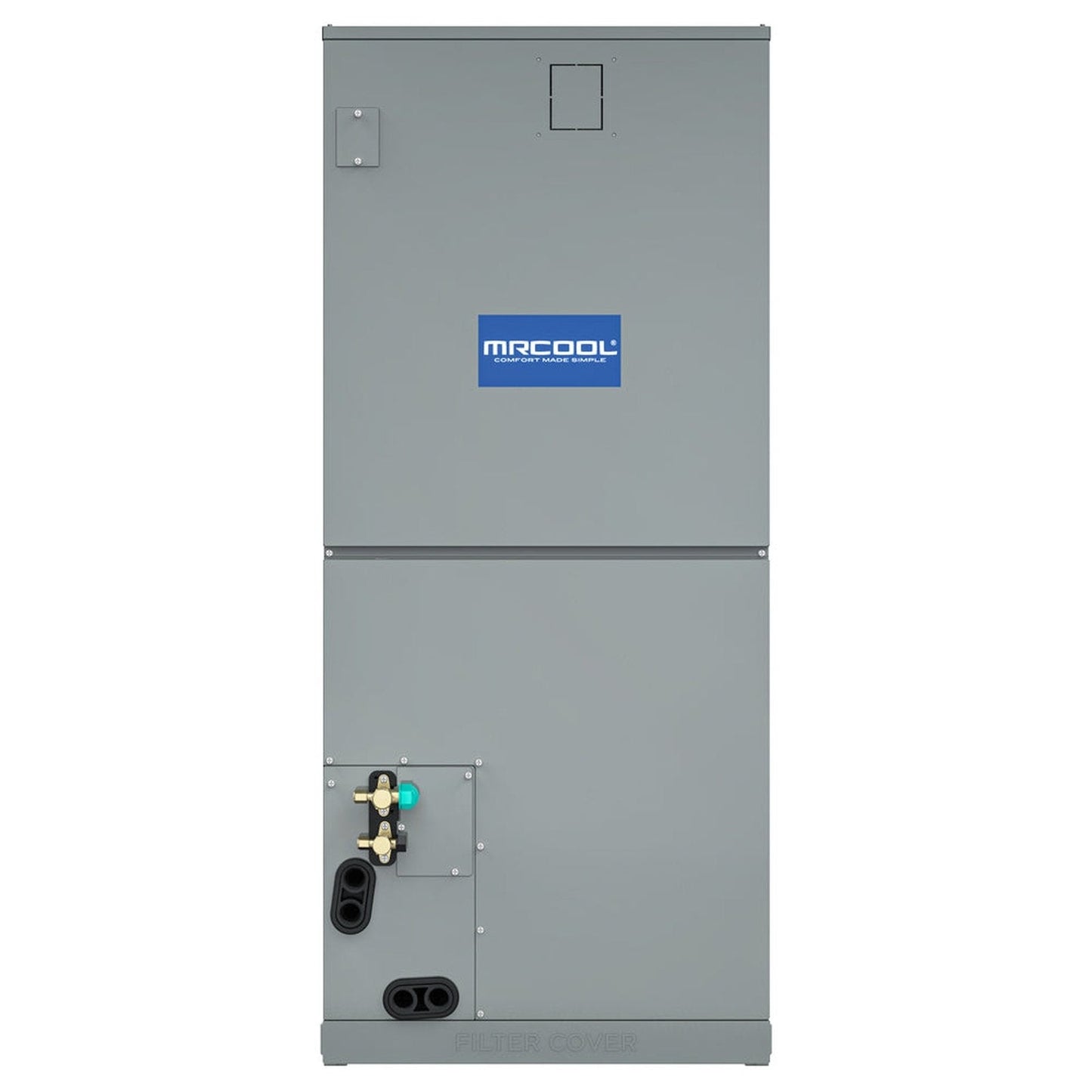 Front view of a Mr Cool 4 Ton VersaPro Central Ducted Air Handler, MVP-48-HP-MUAH-230-00, in a gray metal casing, showing various control valves and piping connections on the lower portion. The Mr Cool logo is prominently displayed in the center. Designed for heating, ventilation, and air conditioning, it offers energy-efficient performance and flexible installation options.