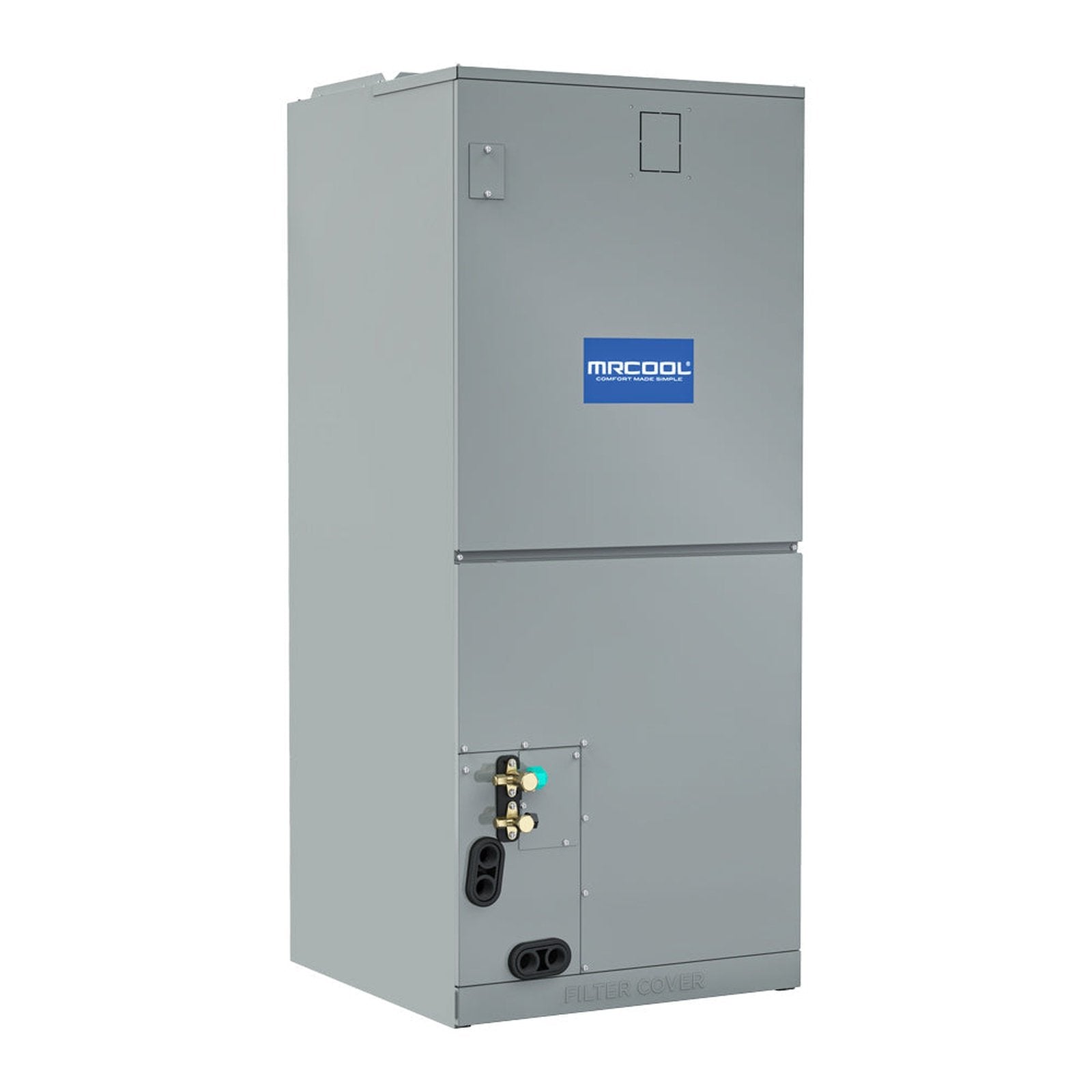 Introducing the MRCOOL 5 Ton VersaPro Central Ducted Air Handler, model MVP-60-HP-MUAH-230-00, a vertical unit characterized by its rectangular shape and predominantly grey exterior. This air handler features the distinctive blue MrCool logo prominently displayed on the upper section. The lower front side houses ports and connections, clearly labeled for easy identification, along with a filter cover at the bottom to ensure energy-efficient performance.