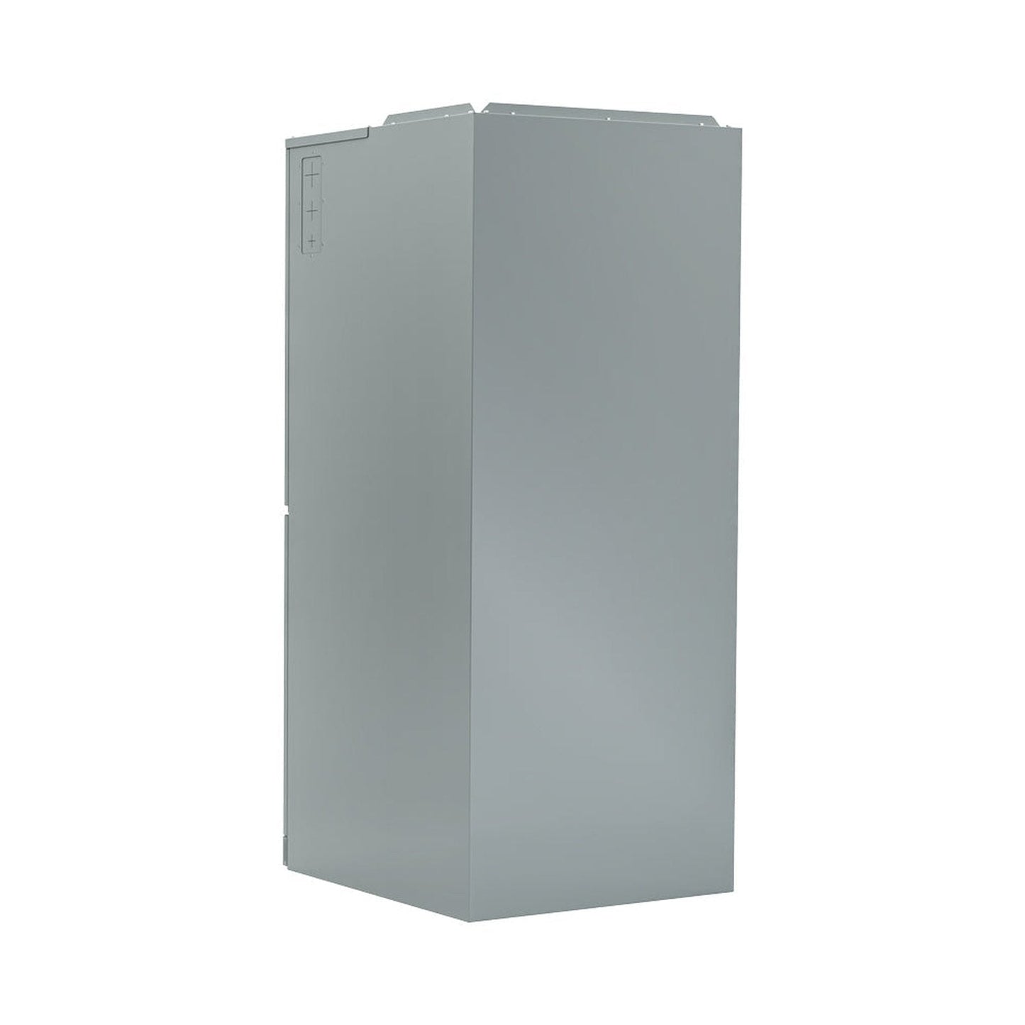 A tall, rectangular metal electrical box with a smooth, gray finish featuring a slightly protruding edge at the top and a small latch-like detail on the side. Designed for energy-efficient performance, this box is ideal for housing systems like the Mr Cool MRCOOL 5 Ton VersaPro Central Ducted Air Handler, MVP-60-HP-MUAH-230-00.