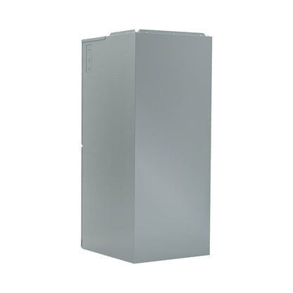 A tall, rectangular, metallic gray MRCOOL 3 Ton VersaPro Central Ducted Air Handler, MVP-36-HP-MUAH-230-00 from Mr Cool stands upright against a plain white background. It boasts a smooth surface with a slightly darker panel on the left that displays an indented pattern with small markings. Designed for energy-efficient performance, the top edges are slightly angled inward.