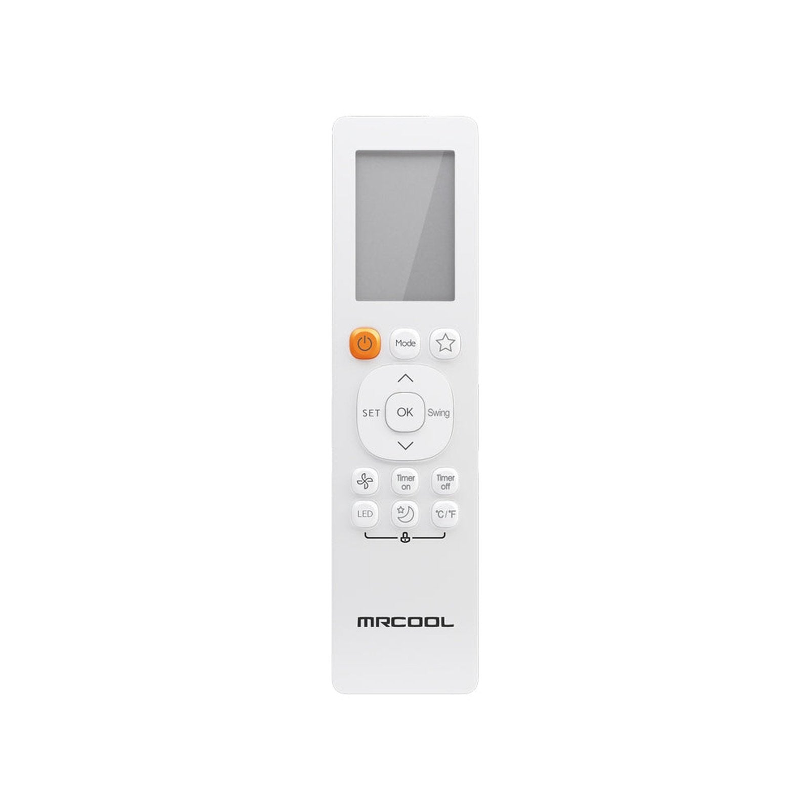 The MRCOOL remote control, designed for the Mr Cool 2 Ton VersaPro Central Ducted Air Handler (model MVP-24-HP-MUAH-230-25) with a SEER2 rating of 16.7, boasts a sleek white rectangular design. It features an LCD screen at the top and various buttons including "Mode," "Set," "Swing," and "Timer." The remote stands out with its orange power button and a large circular "OK" button in the center.