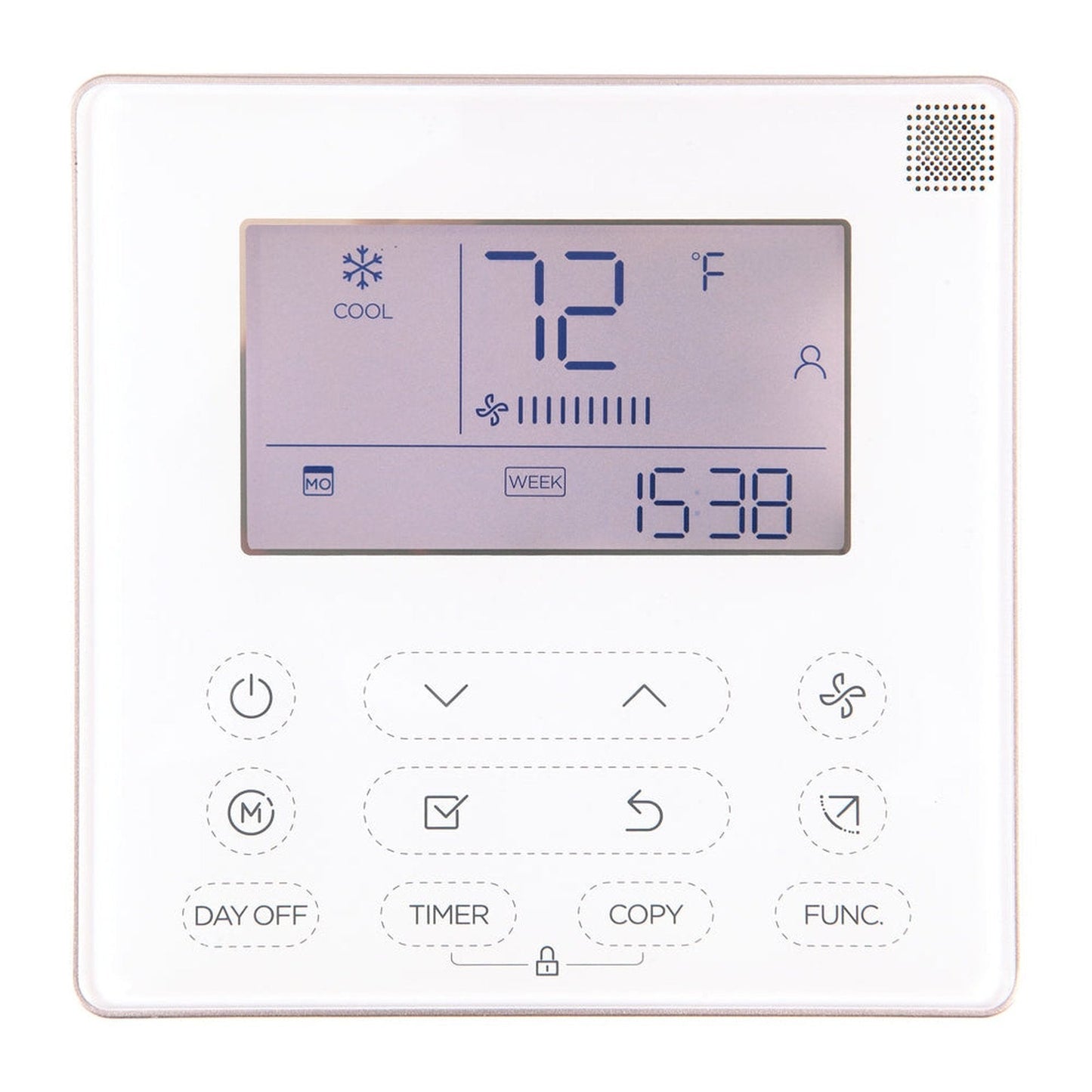 A digital thermostat with a white frame displays a temperature of 72°F and the word "COOL." The screen also shows additional icons and information, including the day "MO," time "15:38," and several buttons for various functions beneath the display. This setup ensures energy-efficient performance when paired with the Mr Cool MRCOOL 5 Ton VersaPro Central Ducted Air Handler, MVP-60-HP-MUAH-230-00.