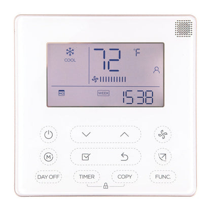 The Mr Cool MRCOOL 4 Ton VersaPro Central Ducted Air Handler, MVP-48-HP-MUAH-230-00 digital thermostat displays a temperature of 72°F with a "Cool" mode symbol, showing the current time as 15:38 and indicating "Week" mode. Numerous buttons allow for various functions, including "Day off," "Timer," "Copy," and "Func." This model offers energy-efficient performance and flexible installation options.