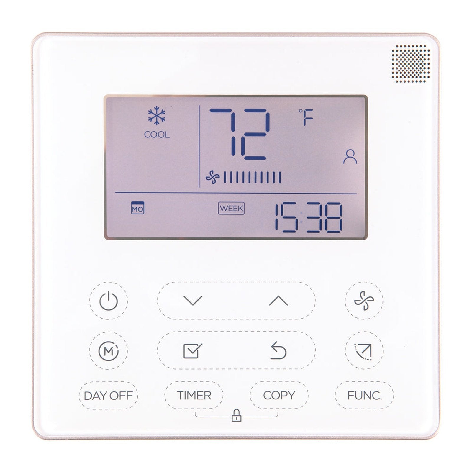 The MRCOOL 2.5 Ton VersaPro Central Ducted Air Handler, MVP-30-HP-MUAH-230-25, by Mr Cool features an electronic thermostat display showing a temperature of 72°F in cooling mode. Below the screen are buttons for day off, timer, copy, and function options. The current time displayed is 15:38. The unit is designed to efficiently cover your space and maintain comfort throughout.