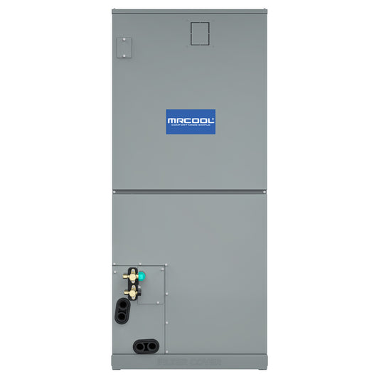 MRCOOL VersaPro 2nd Gen MUAH central ducted indoor air handler — front view; manufacturer shared family photo