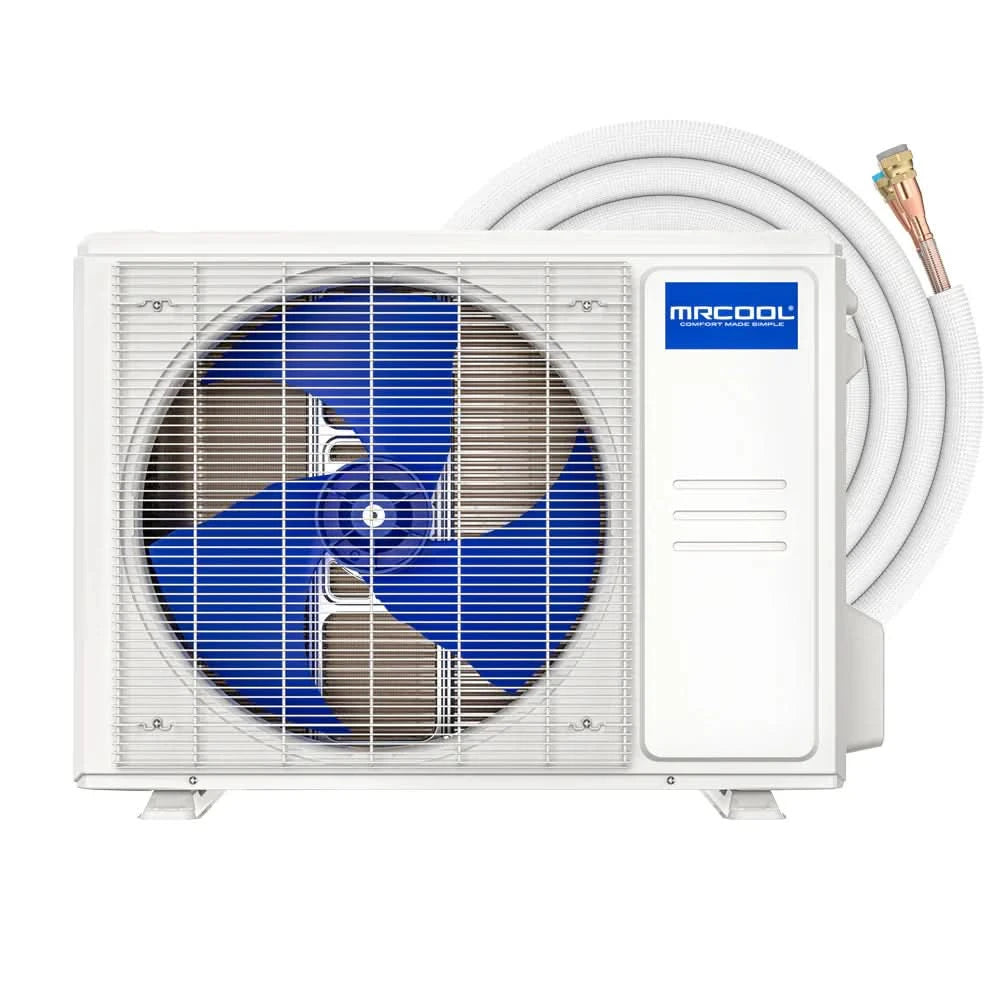 MRCOOL EZPRO condenser with wall line set – 5th Gen single-zone mini split system pre-charged with R-454B refrigerant for fast, DIY-friendly installation and ENERGY STAR® efficiency.