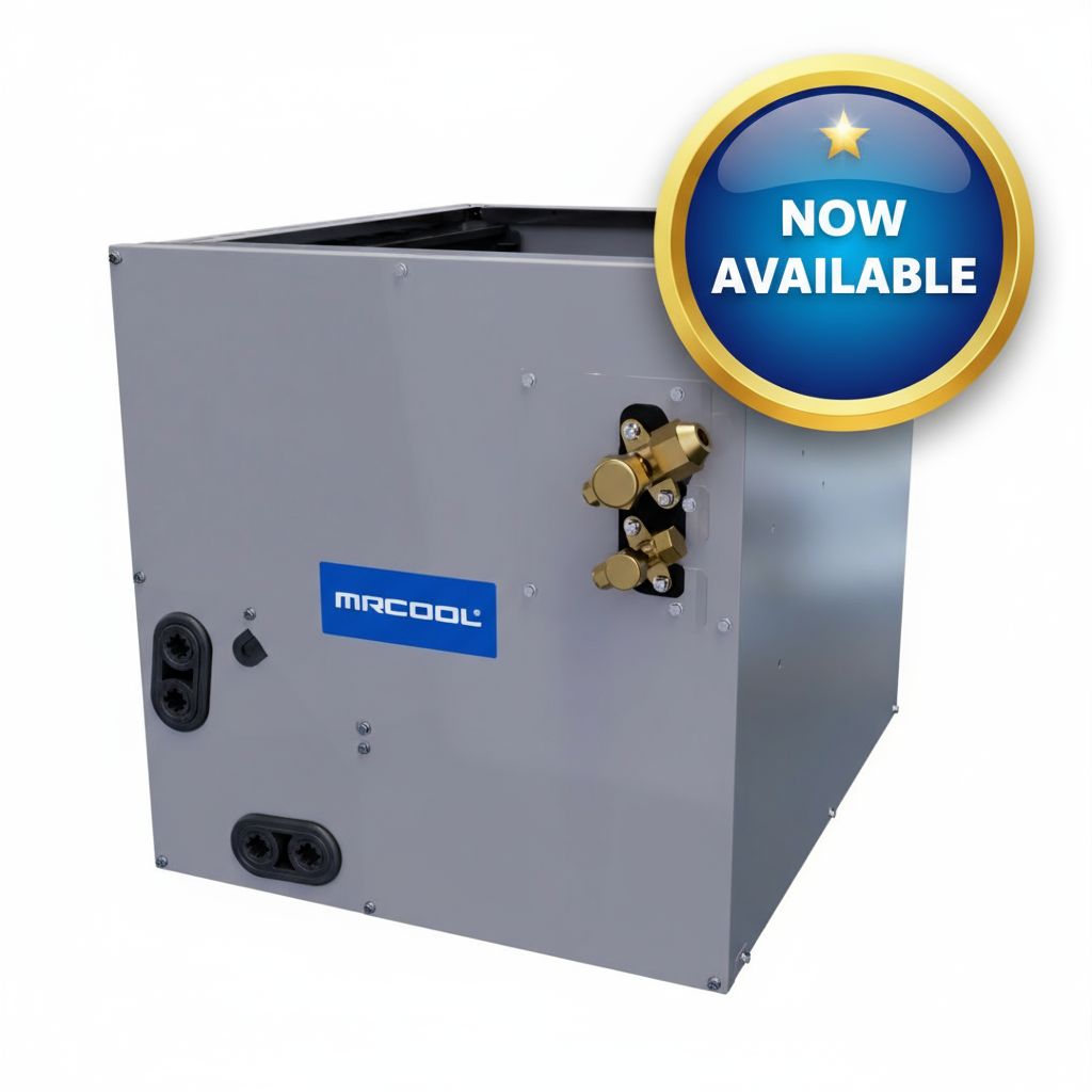 MRCOOL Pre-Charged Cased A-Coil with R-454B refrigerant and CoolGuard corrosion-resistant finish for high-efficiency HVAC systems