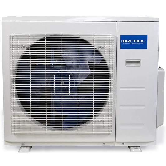 An outdoor HVAC unit from Olympus Series featuring multi-zone technology, with a large central fan surrounded by protective metal grilles, set within a sturdy white casing.