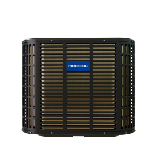 Black MRCOOL outdoor heat pump condenser with protective grille