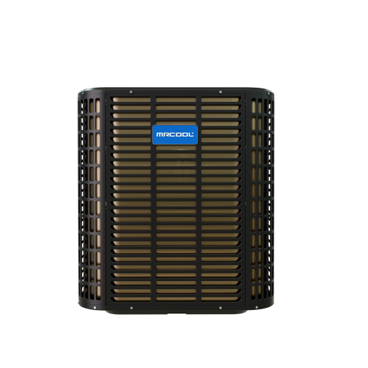 Black MRCOOL outdoor heat pump condenser with protective grille