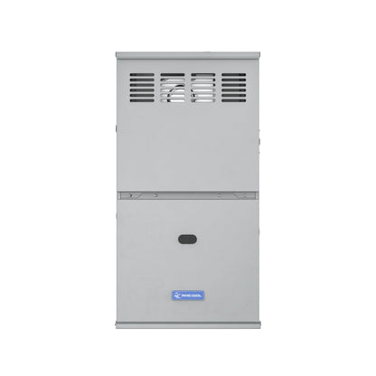 The image shows a gray, rectangular HVAC unit from the brand "Mr Cool." Featuring a versatile, multi-position installation design, this 80% AFUE energy-efficient MRCOOL VersaPro 40k BTU Gas Furnace (MGA80EE040A3B) has a vented top section and a solid bottom with a small black panel topped with a silver mesh grid. The brand logo is visible on the lower front.